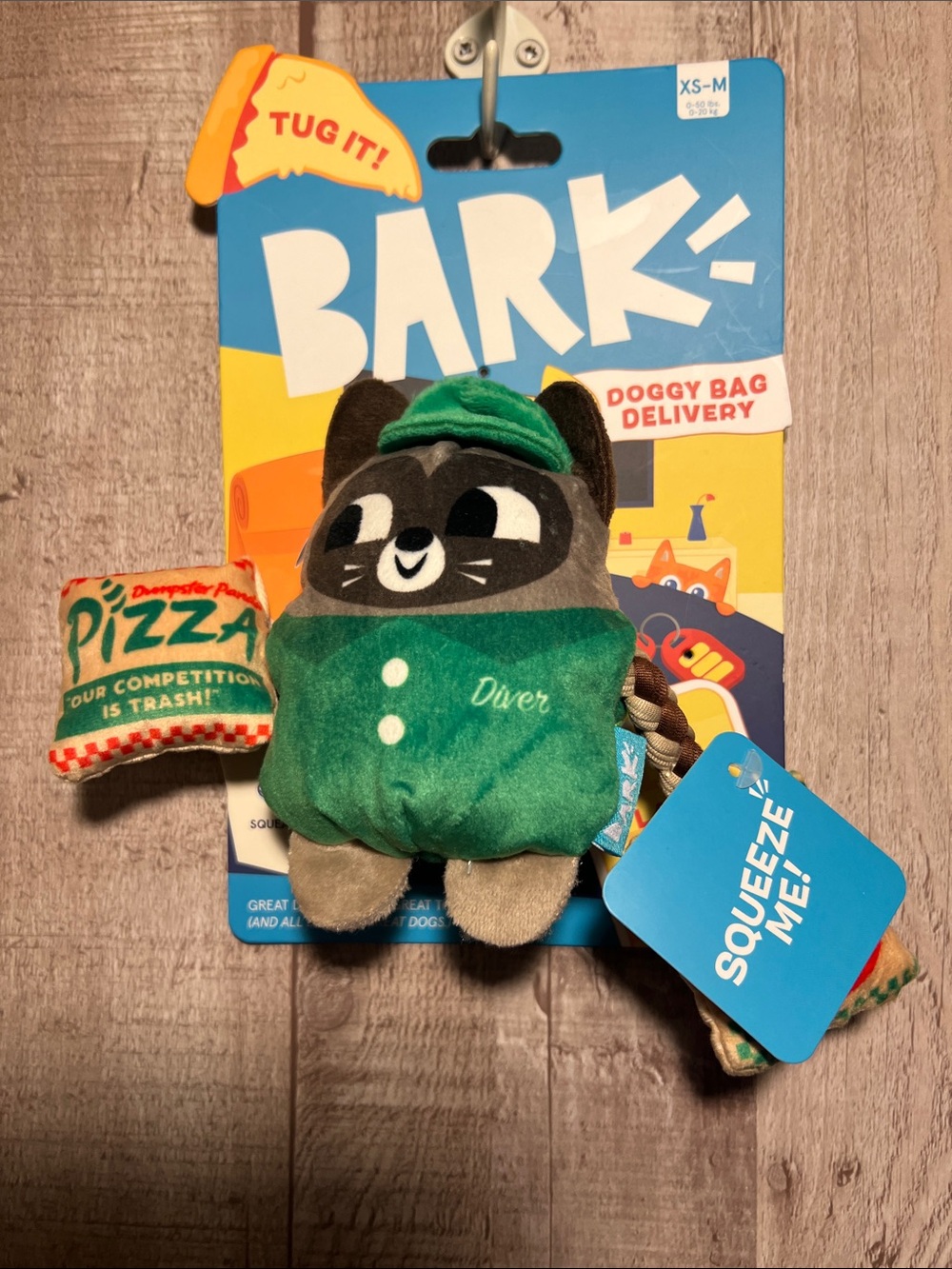New BARK Plush Tug Toy with Squeaker -Raccoon Pizza Delivery